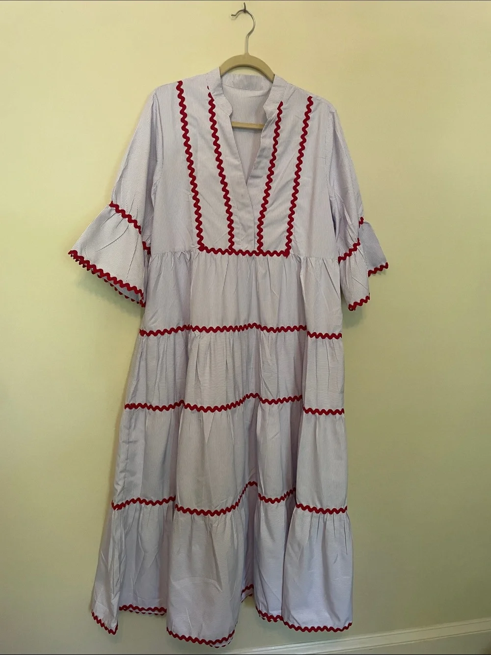 Amazon White Maxi Dress with Red Ric Rac Trim - Picture 1 of 9